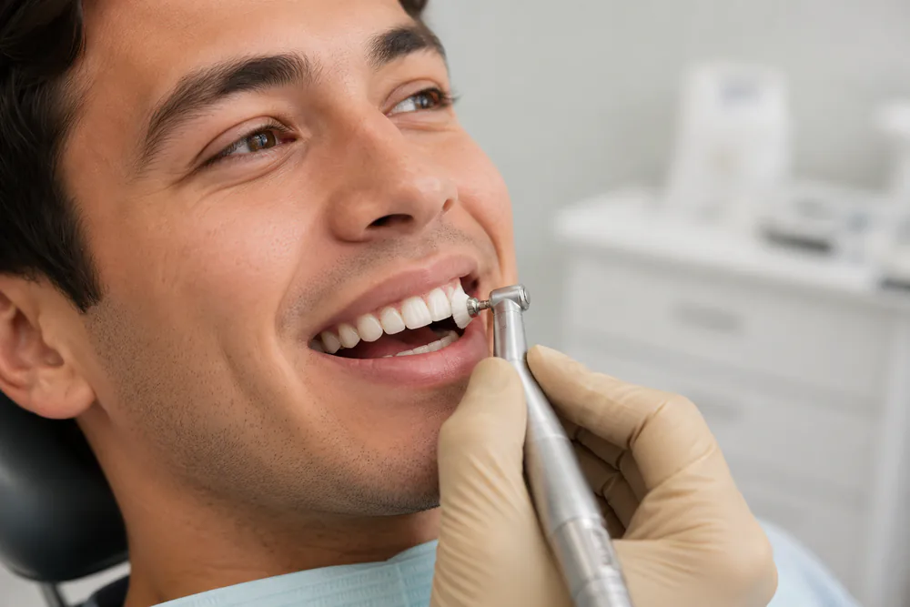 Young man having a dental cleaning performed on his teeth
