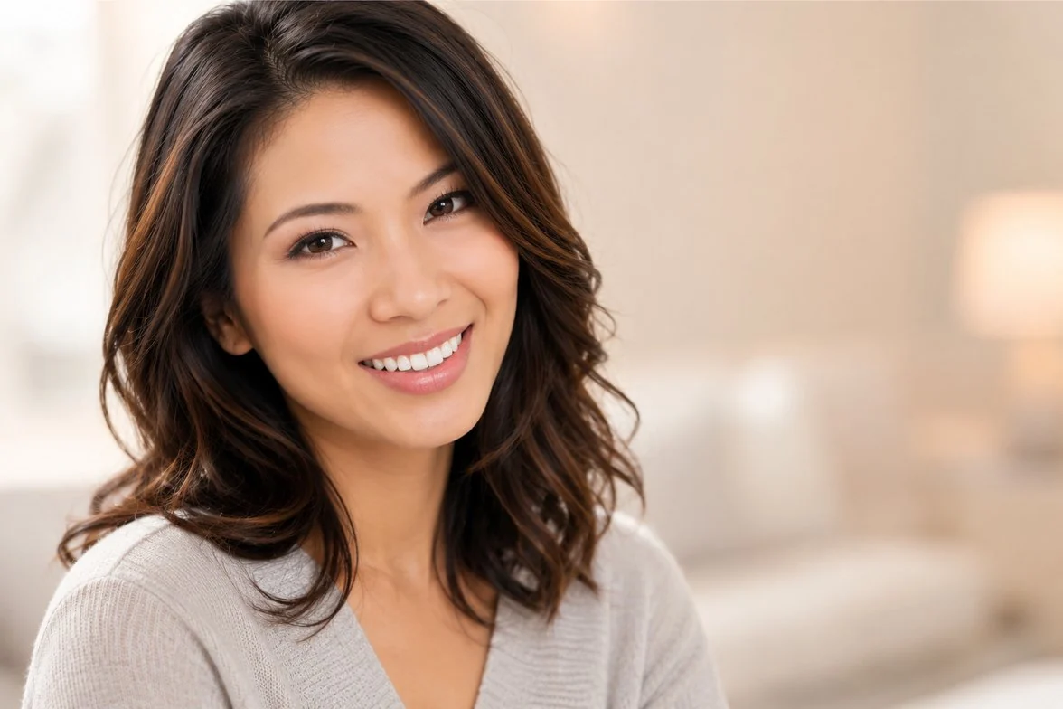 A woman smiling