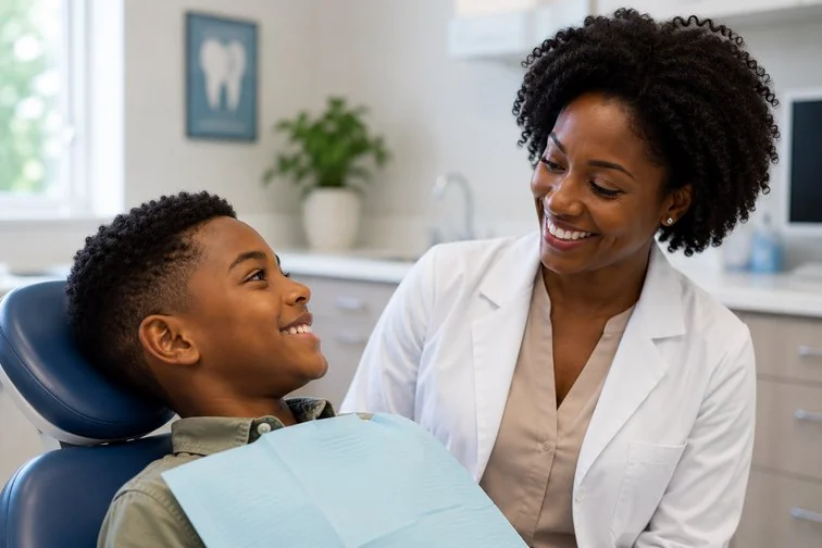 A dentist treating a young patient in the dental chair