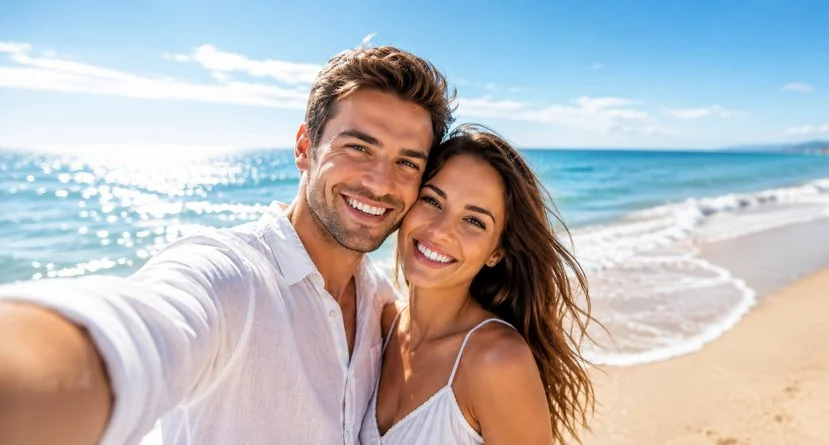 A couple smiling together outdoors